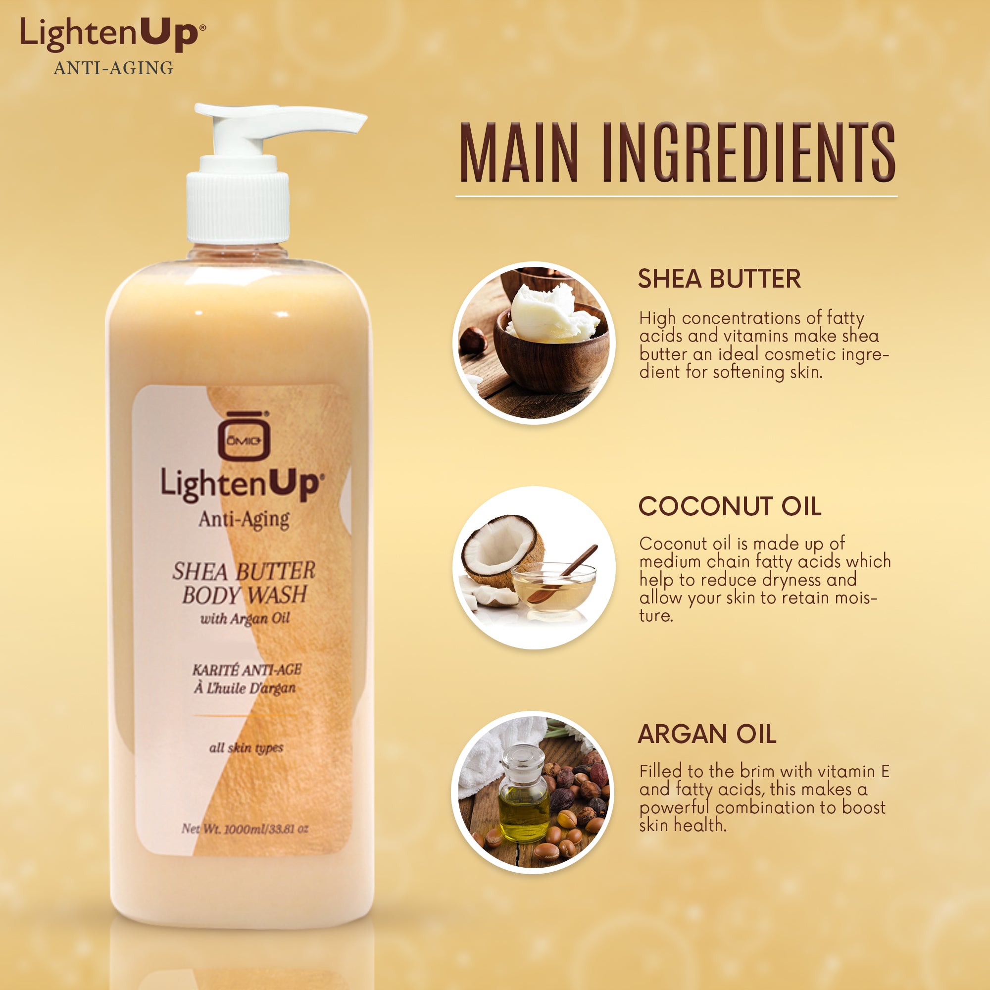 LightenUp Anti-Aging Shea Butter Body Wash With Argan Oil 1000ml / 33.8 fl oz