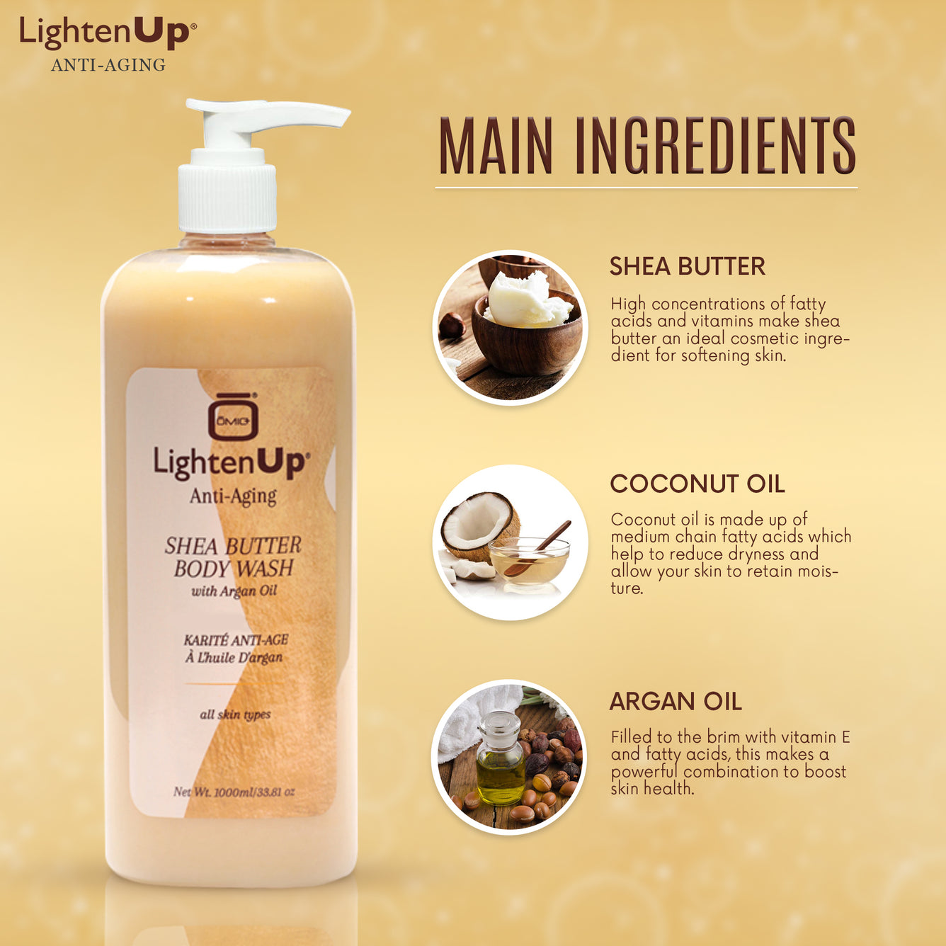 LightenUp Anti-Aging Shea Butter Body Wash With Argan Oil 1000ml / 33.8 fl oz