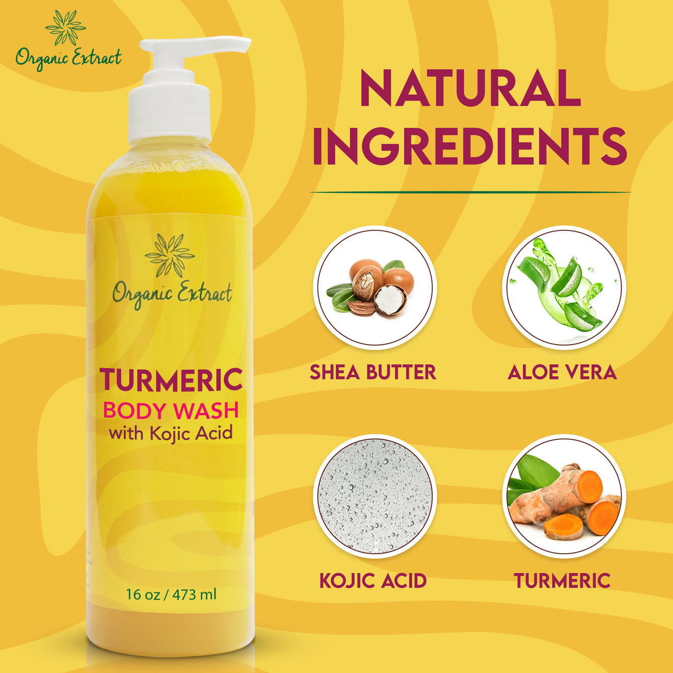 Nettoyant pour le corps au curcuma à l'extrait biologique 16oz 