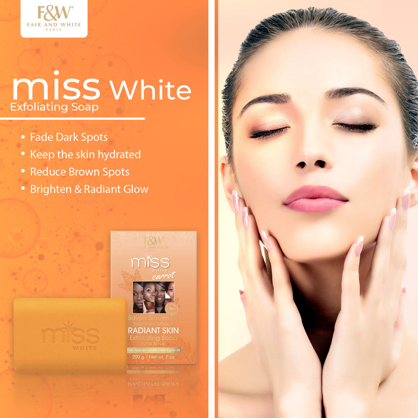 Fair and White Miss White Carrot Savon Exfoliant Tonique Gommage - 7 oz / 200 g 