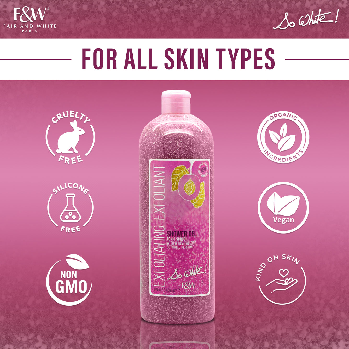 Juste et blanc, si blanc ! Gel Douche Exfoliant Gommage Tonique - 940 ml 