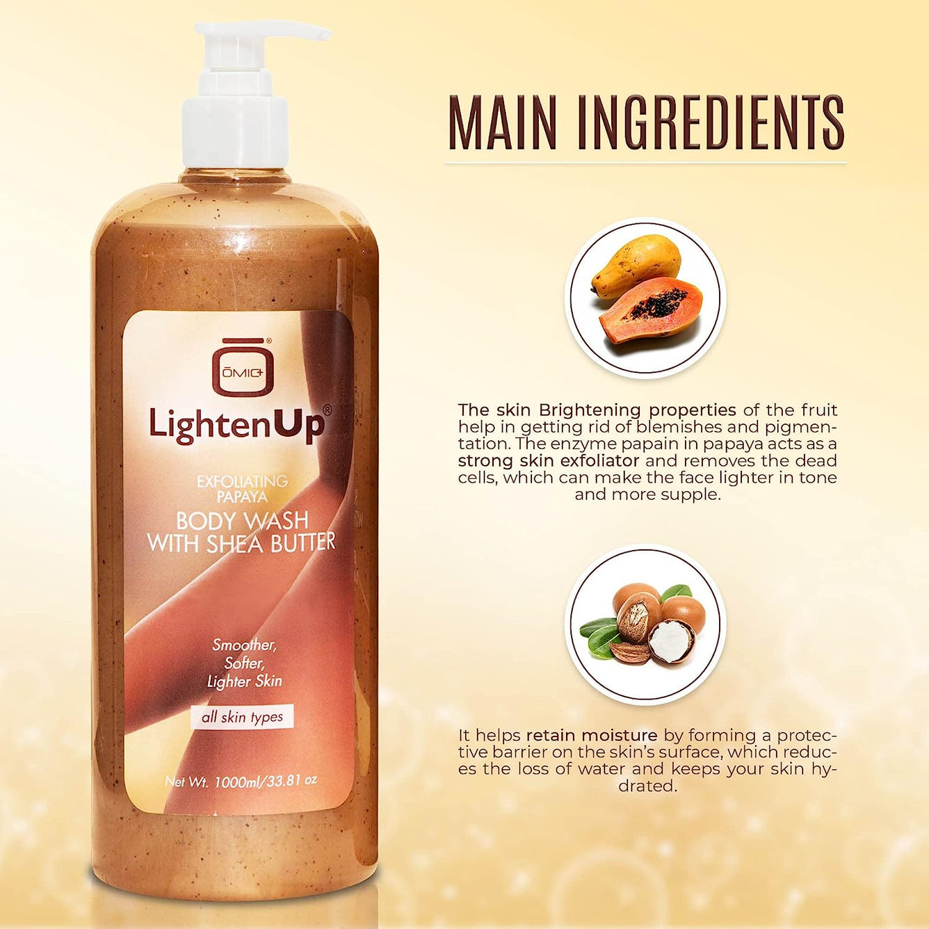 LightenUp PLUS Gel douche exfoliant éclaircissant à la papaye et au beurre de karité 1000 ml 